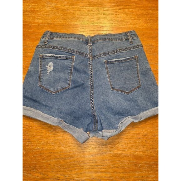 Denim Distressed High-Waist Womens Shorts With Rolled Cuffs - Picture 4 of 4
